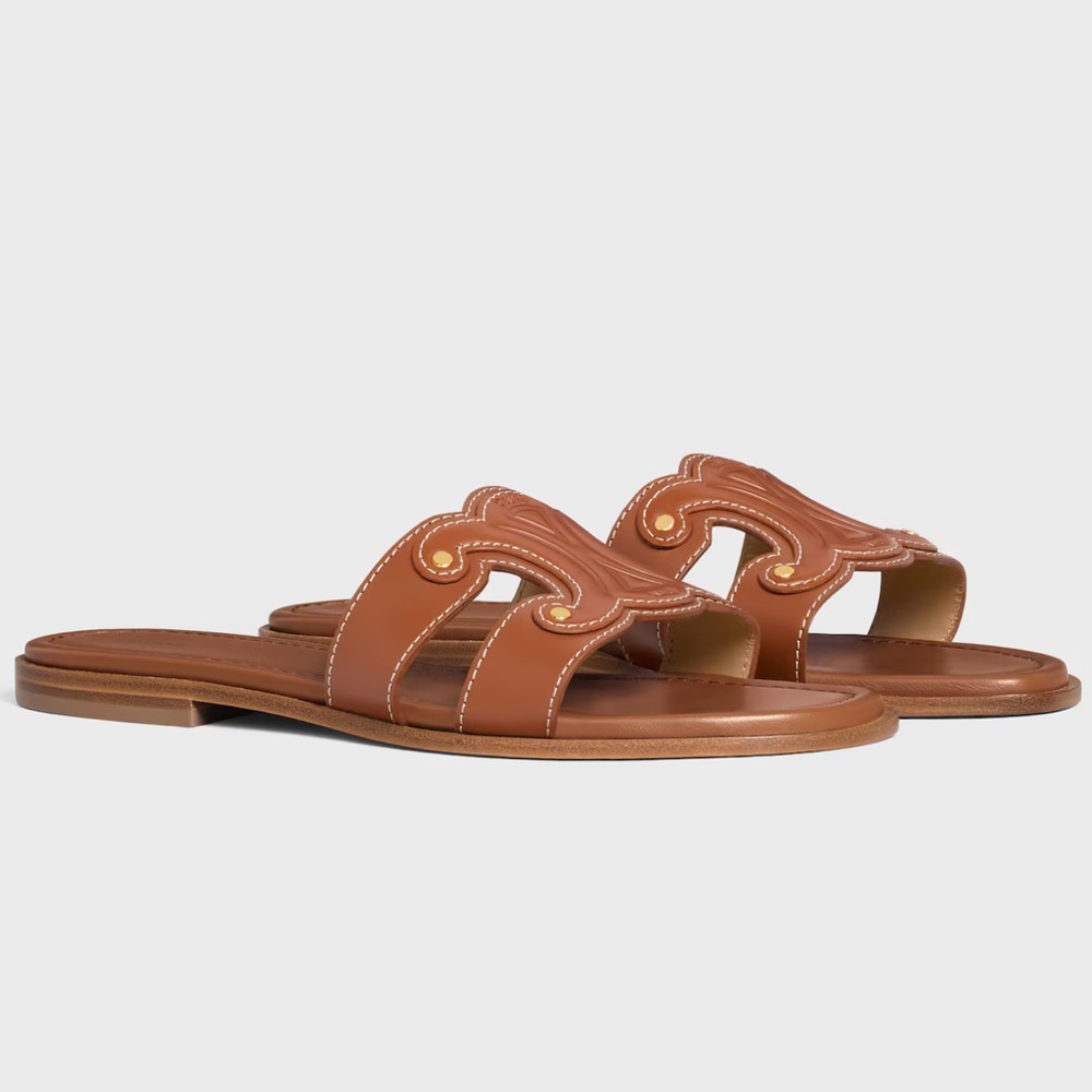 Celine Marina Tan Calfskin Slide Sandals.